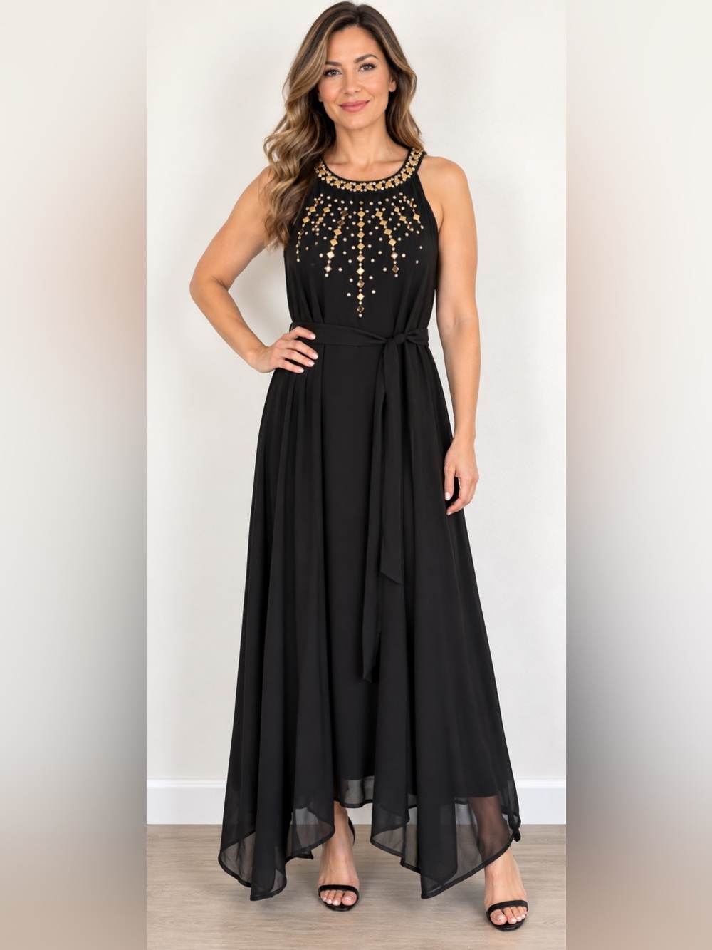 BloomChic Black Embellished Halter Maxi Dress Gold Studs High Low Hem Belted